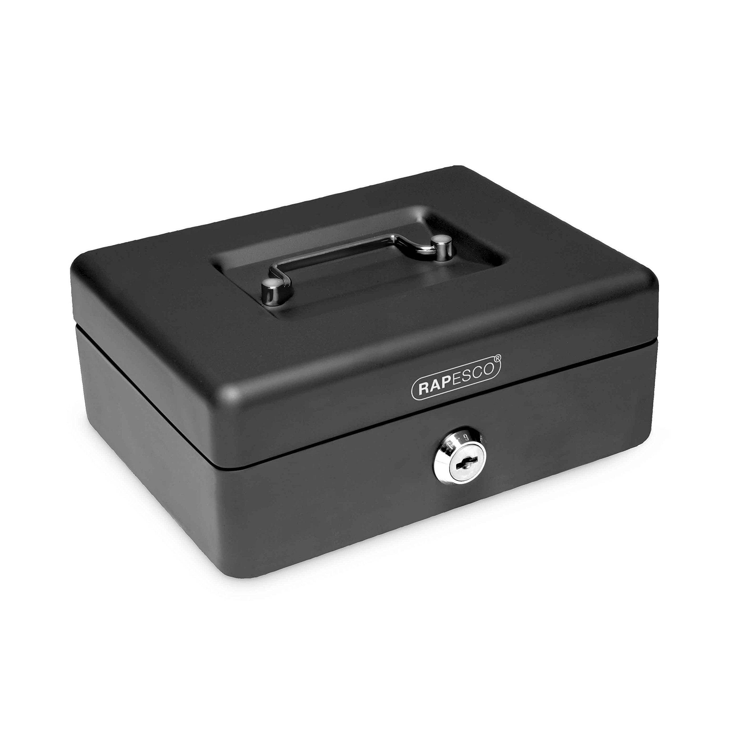 Rapesco SB0008B1 Metal Cash Box with Lock, 3 Keys and Removable Tray, Size 8", Black