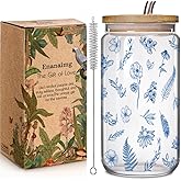 Blue Floral Iced Glass Cups with Bamboo Lids and Straws 16oz Wildflower Coffee Cup Gift for Women Cute Flower Drinking Glass with Cleaning Brushes, Blue Flower Gifts for Birthday Bridesmaid Party