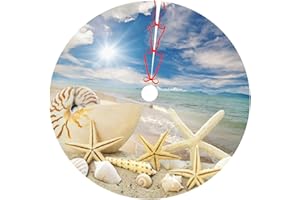 LUMANSITTER Beach Nautical Coastal Starfish Wooden Sea Shell Clear Sky 36 Inch Christmas Tree Skirt Carpet Mat Funny Party Decor Supplies for Xmas Halloween Decorations Occasion Ornament