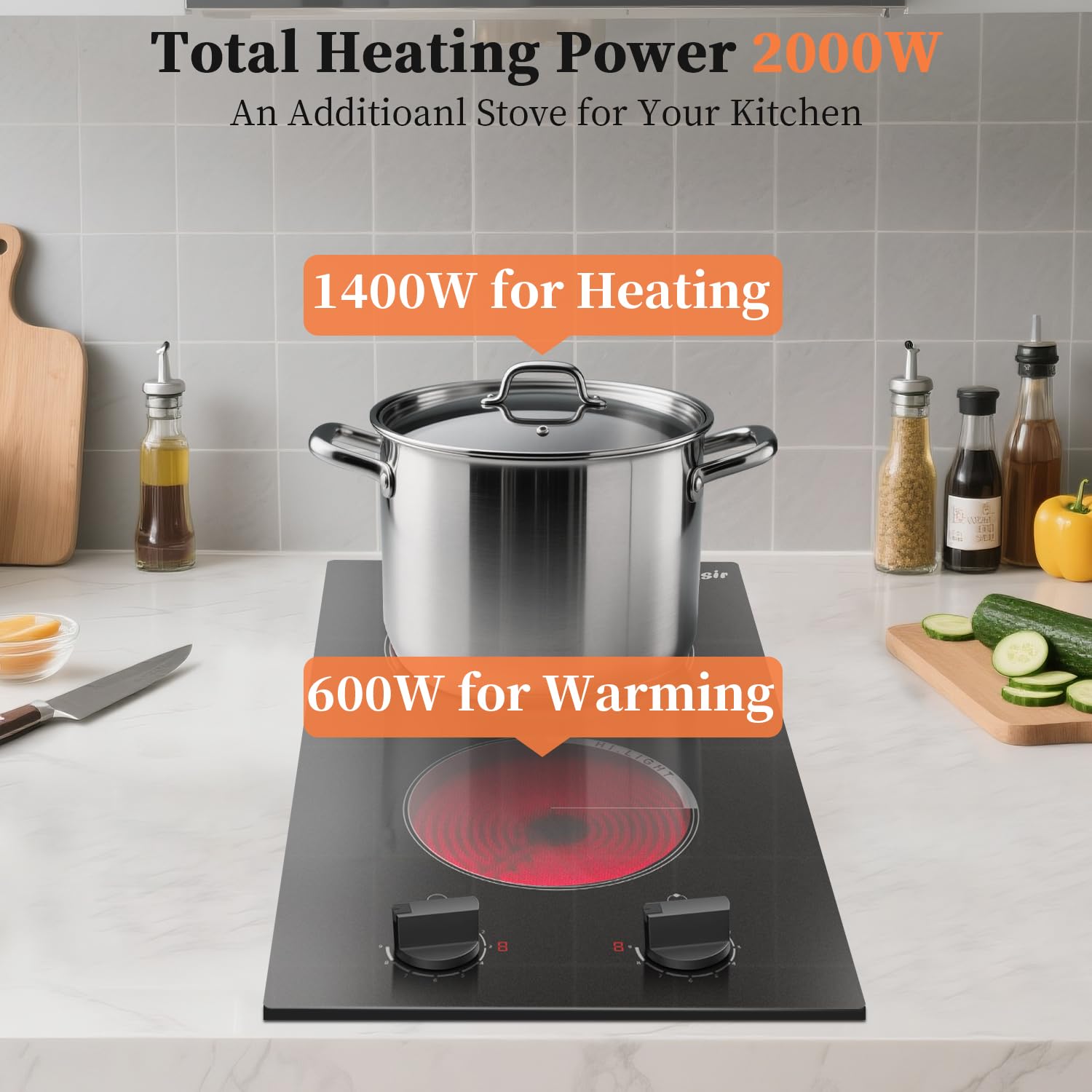 Cooksir 2 Burner Electric Cooktop - 110v Countertop and Built-in Electric Stove 2000W, 12 Inch Ceramic Stove with Residual Heat Indicator, Over-Temperature Protection, Knob Control, 110-120V Plug in