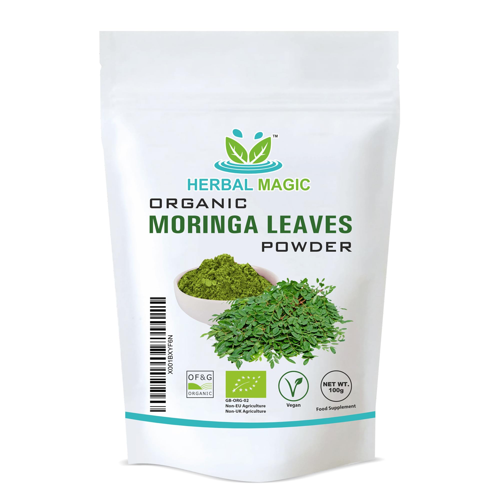 Herbal Magic's Organic Moringa Leaf Powder Raw and Pure Whole Leaves, Green Superfood for Smoothies, Shakes, Baking, Free from Fillers & Preservatives. of&G UK Organic Certified 100g (Pack of 1)