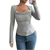 SHENHE Women's Long Sleeve Cowl Neck Shirts Draped Slim Fit Y2k Going Out Tops Blouses