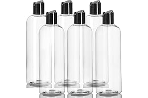 ljdeals 16 oz Clear Plastic Empty Bottles with Black Disc Top Caps, Squeezable Refillable Containers for Shampoo, Lotions, Cream and more Pack of 6, BPA Free, Made in USA