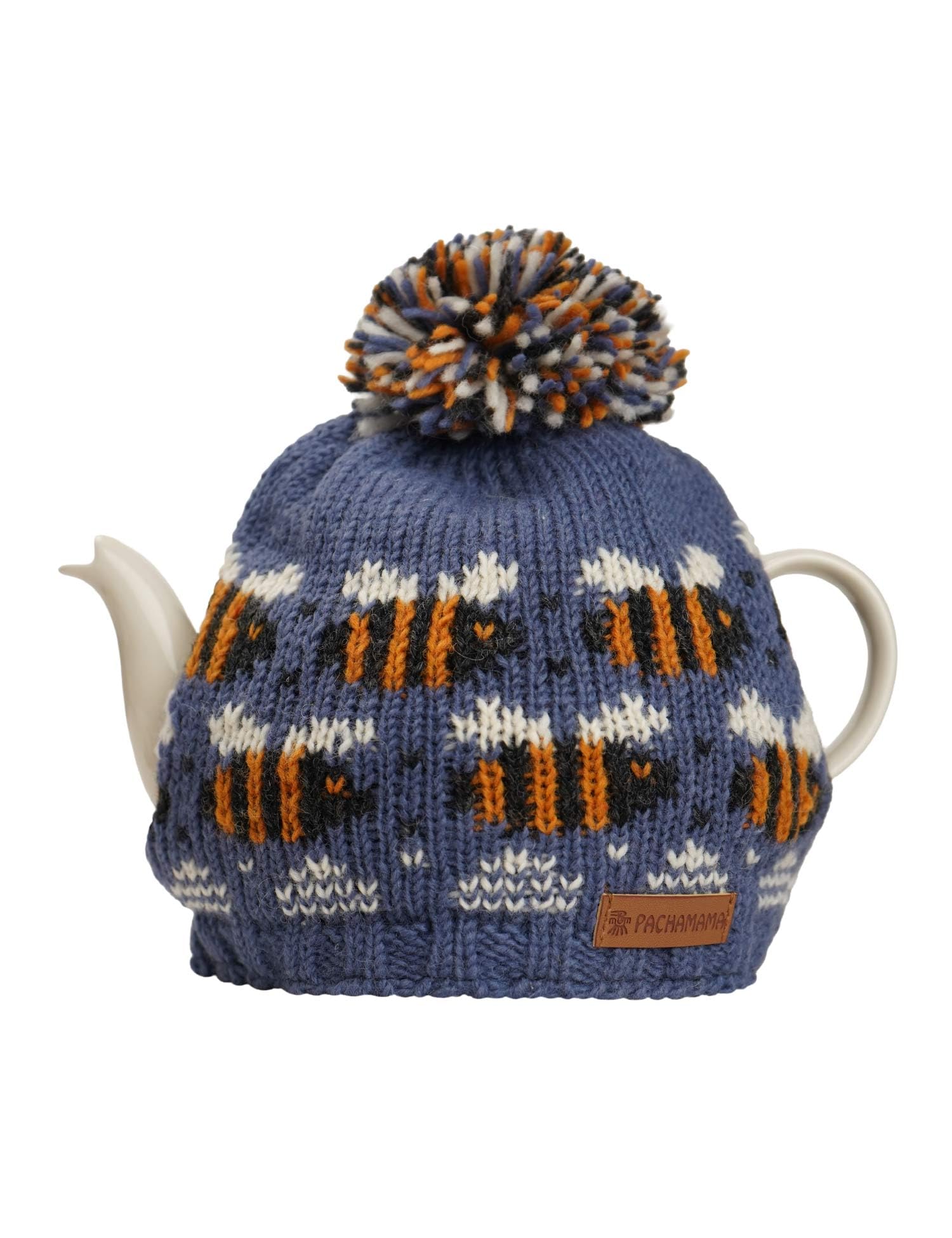 Pachamama Handknitted Medium 4-6 Cup 1.2L Wool Tea Cosy Teapot Cover - Bumble Bee Beehive Pattern Insulated Handmade Fair Trade Denim