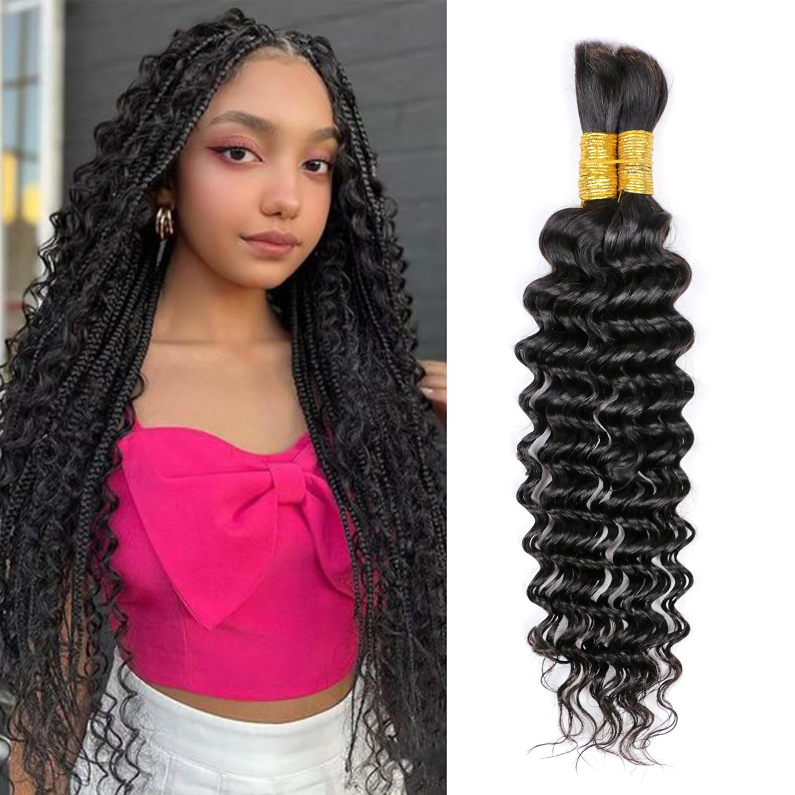 100g 26 Inch Human Braiding Hair Deep Wave Bulk Human Hair for Braiding 2 Bundles/Pack No Weft Human Deep Curly Braiding Hair for Boho Braids Brazilian Virgin Human Hair Extensions Natural Color