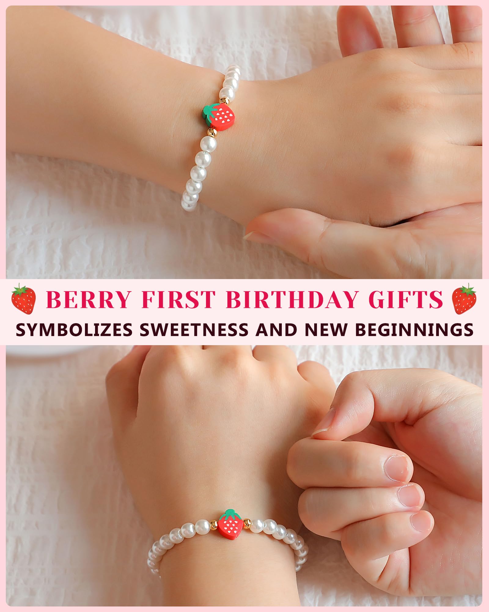Berry First Birthday Gifts, Adjustable Strawberry Pearls Bracelet for Daughter Niece Granddaughter