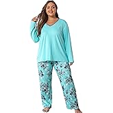 Vozanet Women Plus Size Pajama Sets Sexy V Neck Long Sleeve Long Pants Sleepwear Elegant Floral Pattern Jammies Size XL to 5X