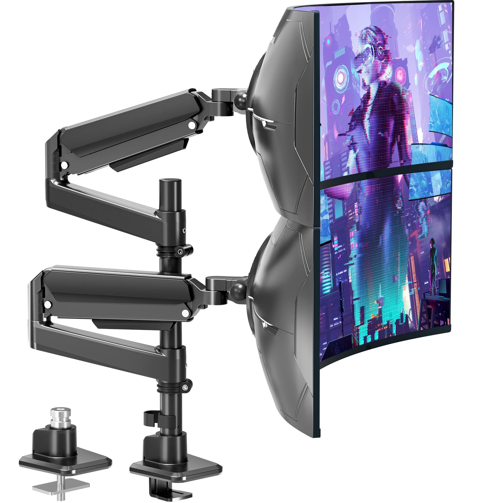 Photo 1 of MOUNTUP Dual Monitor Stand Fits 49 45 42 40 39 34 32 Inch Screens, Heavy Duty Dual Monitor Arm Holds 4.4-44 lbs, Vertical Stacked Monitors Mount, Full Motion, Height Adjustable, VESA Mount