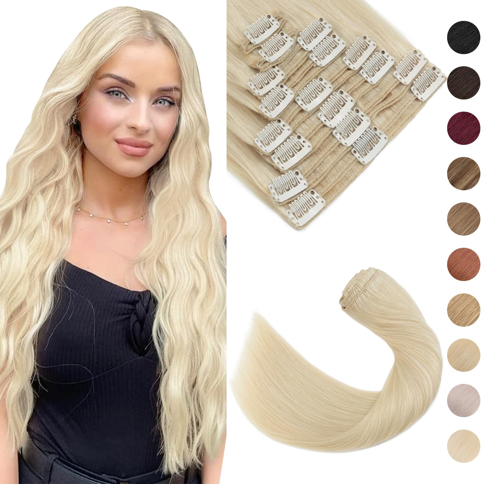 Blonde Hair Extensions Clip in Human Hair Extension Double Weft 100% Real Remy Straight 8 Pcs Full Head(18"- 140g,#60 Platinum Blonde)