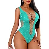 Avidlove Rhinestone Bodysuit Tops Sparkle Fishnet Lingerie Sexy Outfit for Women Mesh Body Suit Teddy Lingeries