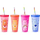 Silver Buffalo Care Bears Hearts and Stars 4 Pack Plastic Color Changing Tumblers with Rainbow Swirl Straws Featuring Tenderheart, Funshine, Cheer, and Grumpy Bear 24 Ounces