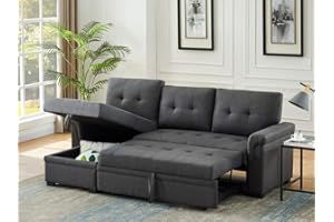 KooYaa 84'' L-Shape Convertible Sleeper Sectional Sofa, with Pull-Out Bed & Storage Chaise, Linen Upholstered Reversible Corner 3 Person Couch, Button Tufted Backrest, for Living Room, Apartment