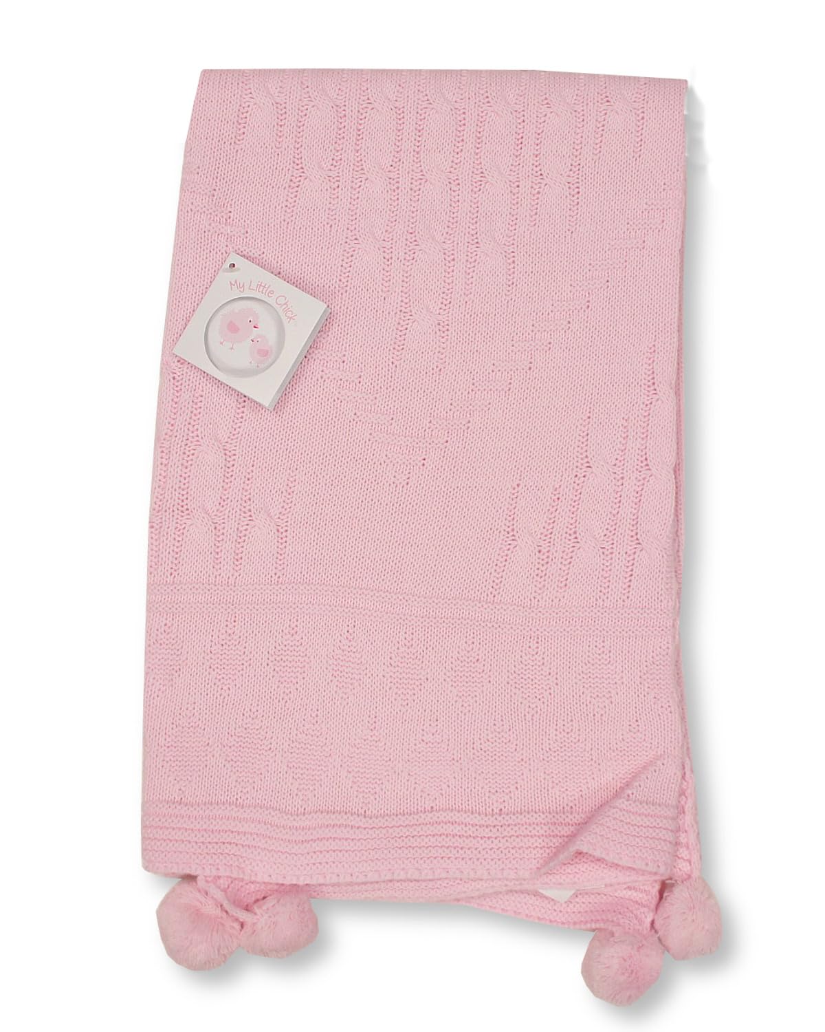 My Little Chick Knitted Baby Wrap Blanket with Pointelle Pattern and Pom-Poms (Pink)