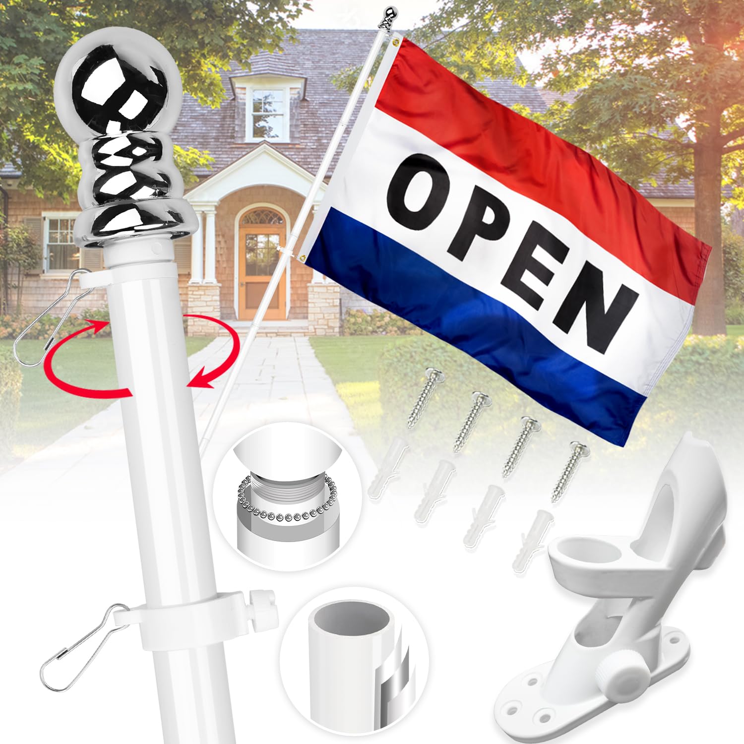 Photo 1 of XIFAN Double Sided Open Flag with Pole for Outside Kit, Including 3x5 FT Open Flag, 6FT White Aluminum No Tangle Spinning Flag Pole, Adjustable Bracket Wind Resistant for House Porch