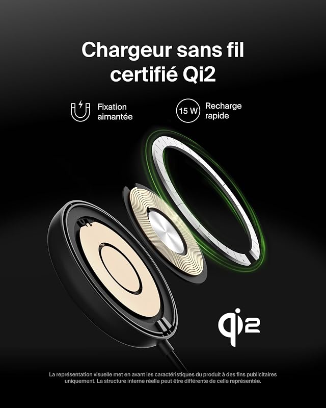 Station de Charge sans Fil, 15W, Certifié Qi2 et Compatible MagSafe, pour Tous Les modèles de l'iPhone 17, iPhone Air, iPhone 16, pour Les AirPods, etc., avec Adaptateur Secteur - Noir