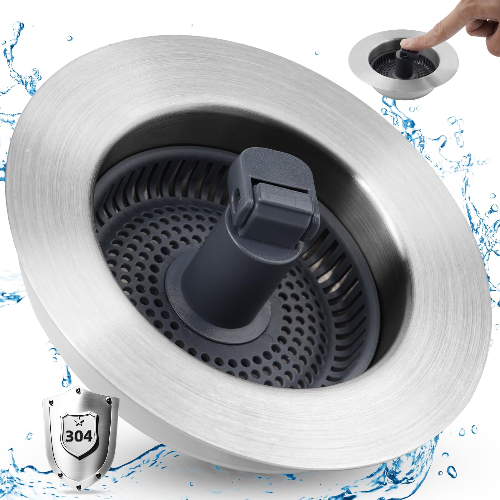 Photo 1 of 3 in 1 Kitchen Sink Stopper Strainer, Universal Fit Upgrade 304 Stainless Steel Pop Up Sink Drain Strainer with Folded Rod for US Standard 3-1/2 inch Drain Filter, Anti-Clog