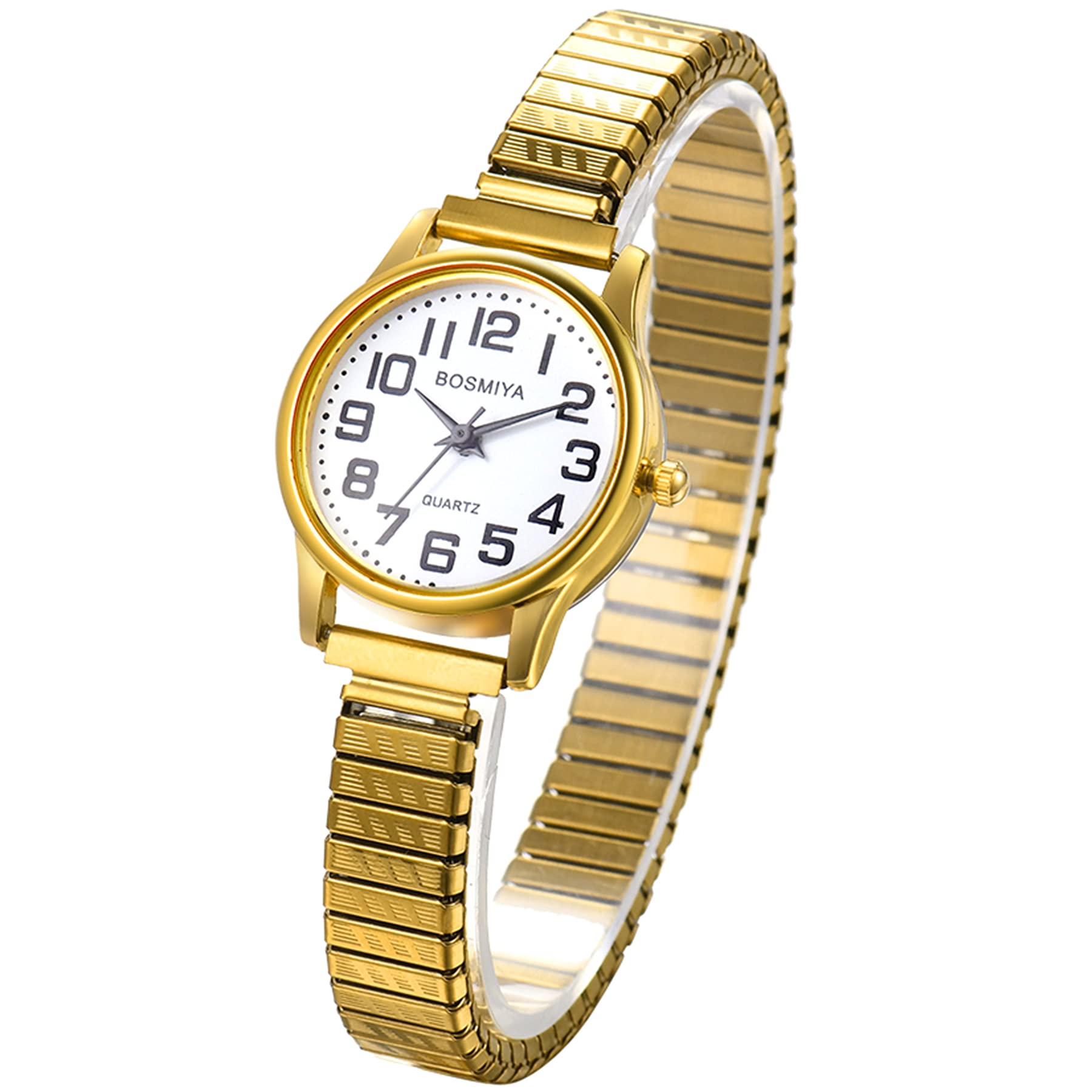 JewelryWe Gold Watches Women Stretch Strap Analog Bracelet Watch Ladies Simple Gold Plated Elastic Band Wristwatch