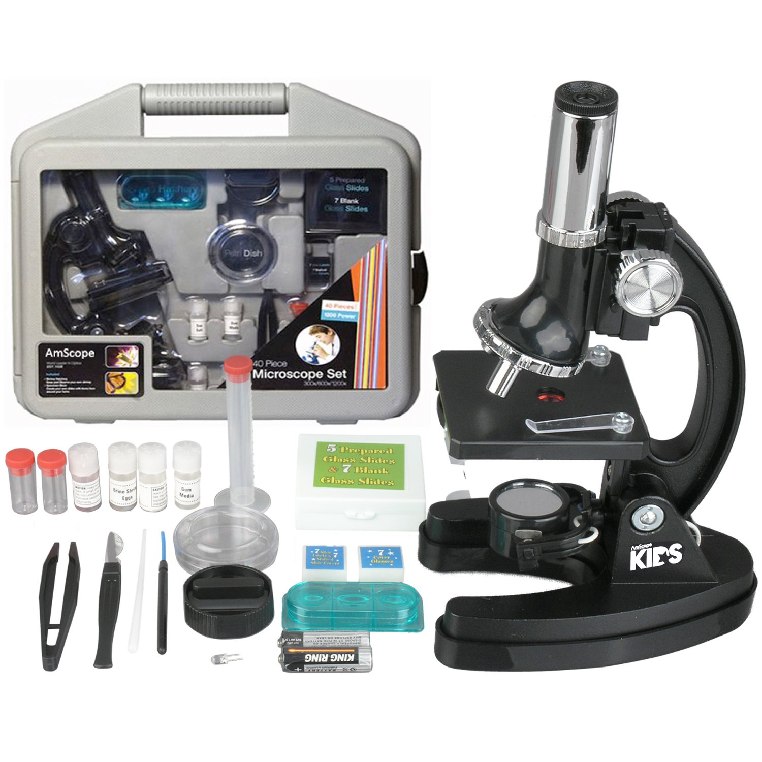 AMSCOPE-KIDS M30-ABS-KT51 120x-1200x 6-Powers Metal Frame &amp; Base with 52-pc Accessories, Among the TOP 3 PICKS of the Best Student Beginner Microscope Kit in 2016, Recommended by Multi Organizations