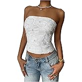 MakeMeChic Women's Floral Tube Top Elegant Beaded Strapless Bandeau Sleeveless Going Out Crop Tops