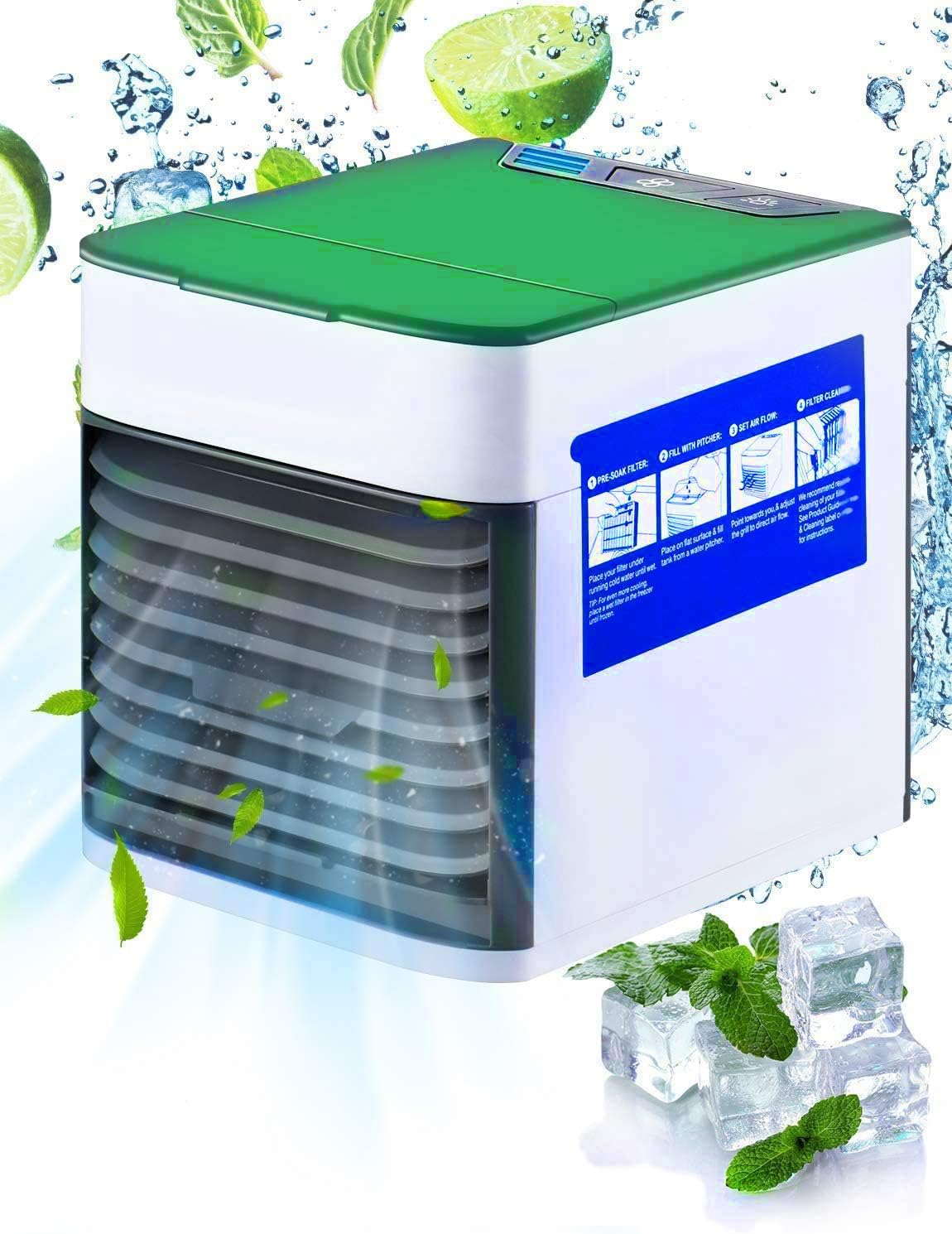 Homitt Air Condition Fan, 3-in-1 Personal Cooler Fan with Humidifier Purifier, 3 Adjustable Speeds, Evaporative Cooler Leakproof & Freon-Free, with Water Tank, Cool for Room, Office, School, Green