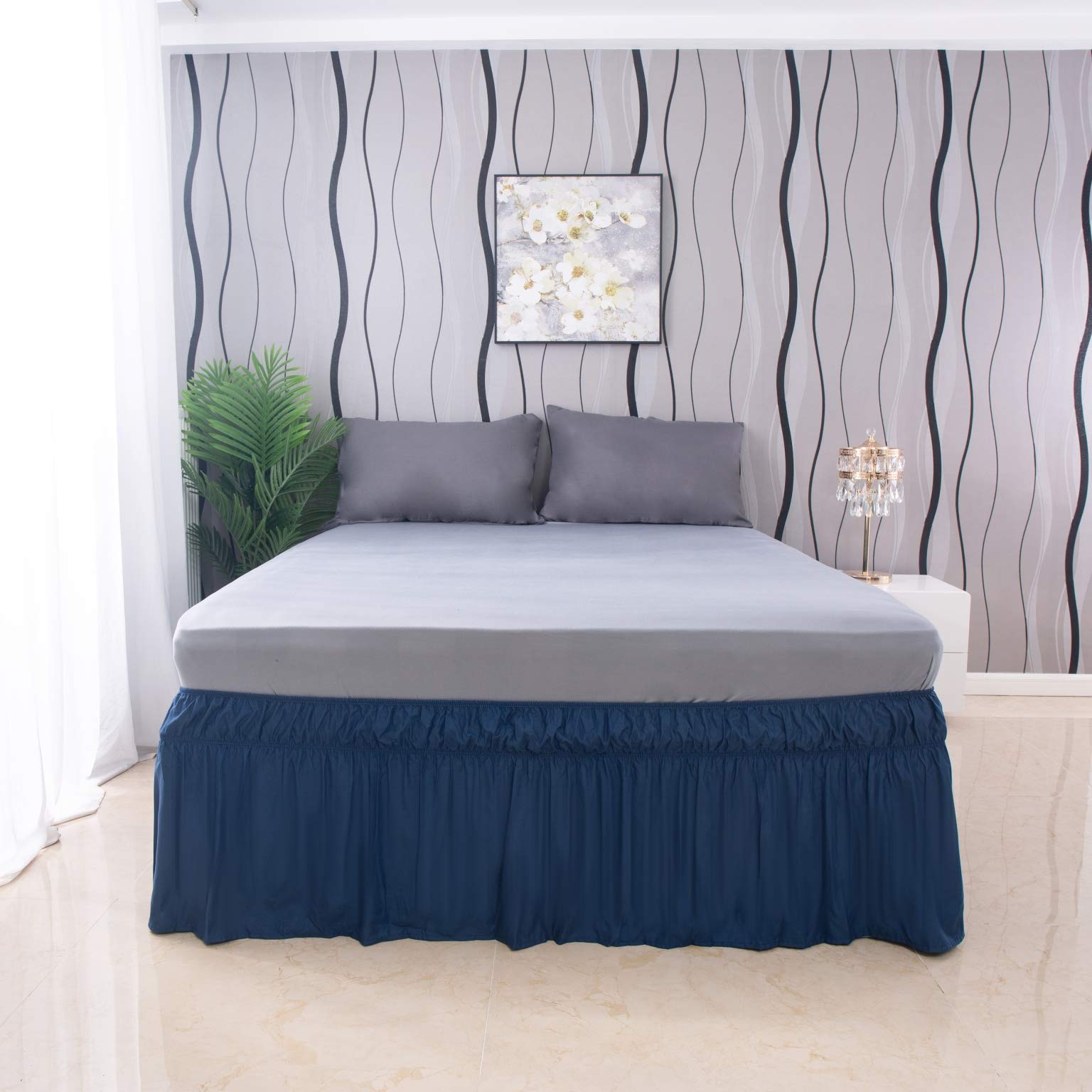 AYASW Bed Skirt Queen Size 14 inch Drop Premium Soft and Cozy 1800 Brushed Microfiber Dust Ruffle Three Fabric Sides Wrap Around with Elastic No Top Cover Easy On Holiday Decor Blue