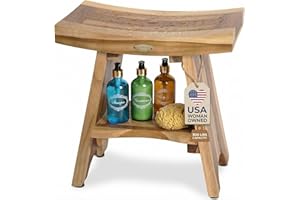 EcoDecors Teak Shower Bench 18", 300 lb Capacity – Waterproof Wood Bath Seat with Shelf, Spa Seating for Adults – Compact Fit for Small Bathrooms & Walk-in Showers – Slip-Resistant Feet