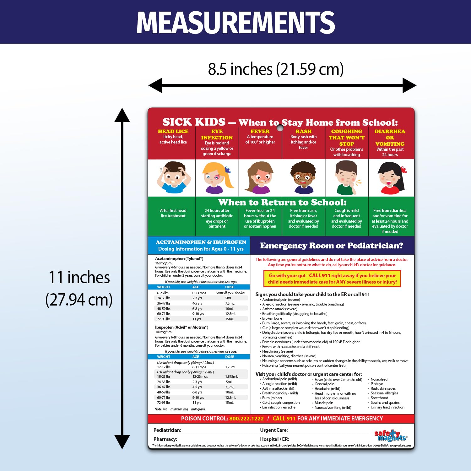 Sick Kids: When to Stay Home from School Chart – Pediatric Dosing – School Nurse Office Supplies, Daycare Essentials – Laminated Card, 8.5” x 11” by Safety Magnets