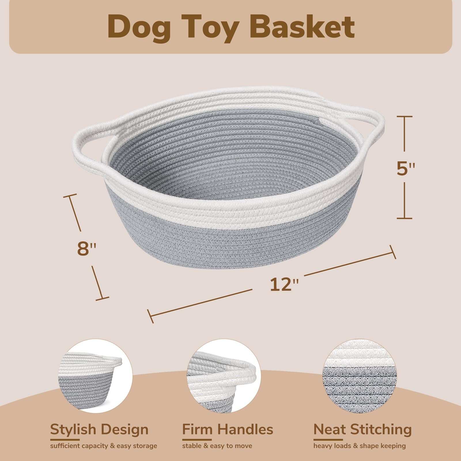 Goodpick Small Woven Storage Basket with Handles, Cotton Rope Baskets for Gifts Empty, Dog Toys, Diapers, Towels, Easter Baskets for Kids, 12