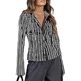 Cicy Bell Womens Striped Button Down Shirts Flare Long Sleeve Collared V Neck Business Work Office Blouse Tops