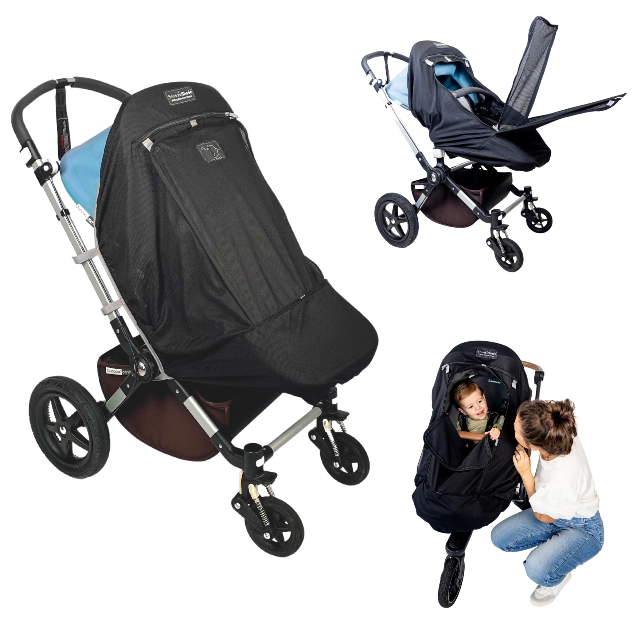 SnoozeShade Plus Extra–Stroller Sun Shade & Mosquito Net for 6m+ Babies Blocks 97.5% of UV (UPF 40+) Universal Fit Blackout Sleep Cover with Peekaboo Window Breathable Mesh Canopy for Single Strollers