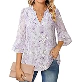 Lotusmile Womens Tops Dressy Casual 3/4 Tiered Bell Sleeve Blouses Double Layered Chiffon Work Tunic Shirts