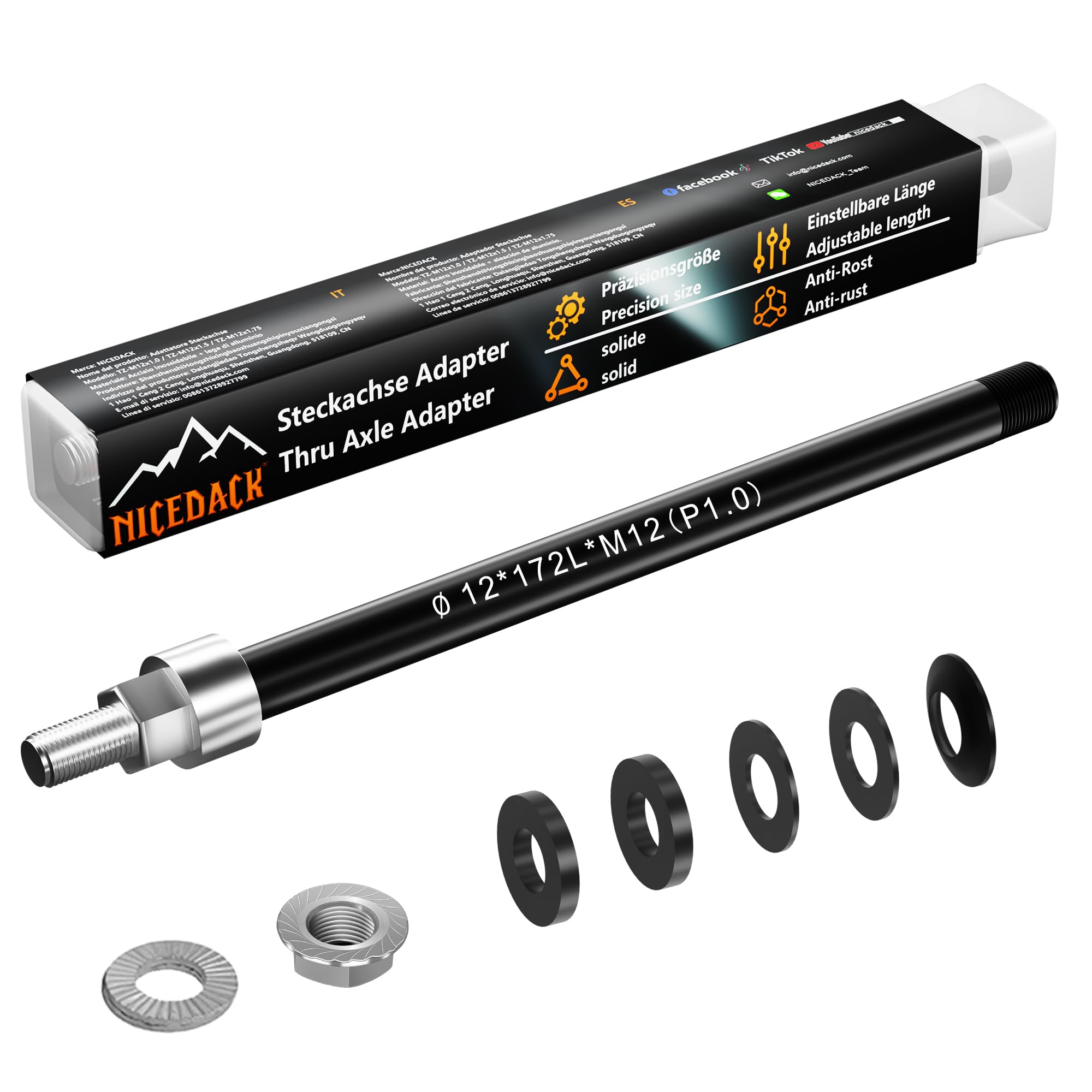 NICEDACK Thru Axle Adapter, M12 x 1.0-160-172mm for Bike Trailer Hitch, 12mm Thru Axle with 1.0 Thread Pitch, Thru-Axle Adapter with a Length Adjustable of 160-172mm