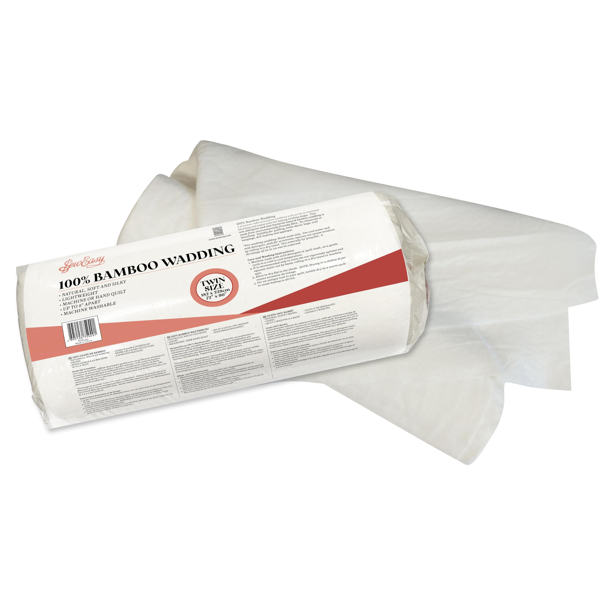 Sew Easy 100% Bamboo Wadding – Non-Allergenic,Anti-Bacterial,Premium Refined Batting Scrim,Machine Washable,Quilting,Home Décor,Bags,Wall Hangings,Doll Making,Applique– Twin Size 182 x 228cm 72 x 90”