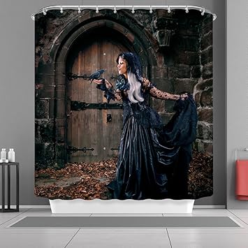 Amazon Com Vancar Happy Halloween Shower Curtain Black Crow And Witch Wood Door Waterproof Fabric Decorative Shower Curtain For Bathroom Decoration Home Decor 66 X72 Furniture Decor