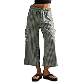 EVALESS Women Palazzo Pants Summer Casual Wide Leg High Waist Lounge Flowy Beach Striped Trousers Travel Vacation Outfits