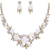 EVER FAITH Women's Austrian Crystal Simulated Pearl Rose Flower Leaf Necklace Pierced Earrings Set