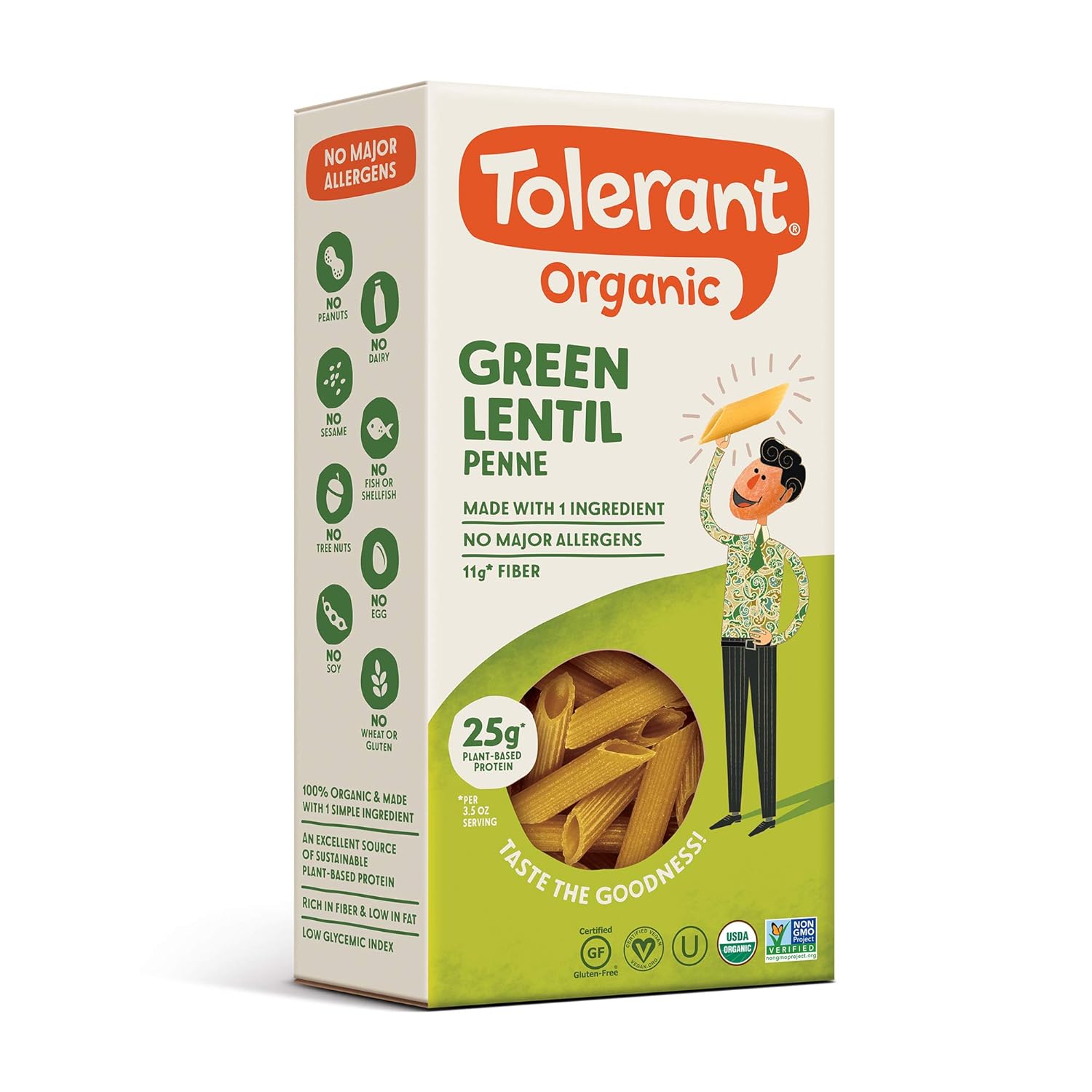 Tolerant Foods - Organic Green Lentil Pasta, Simply Legumes, Penne, 8 Oz