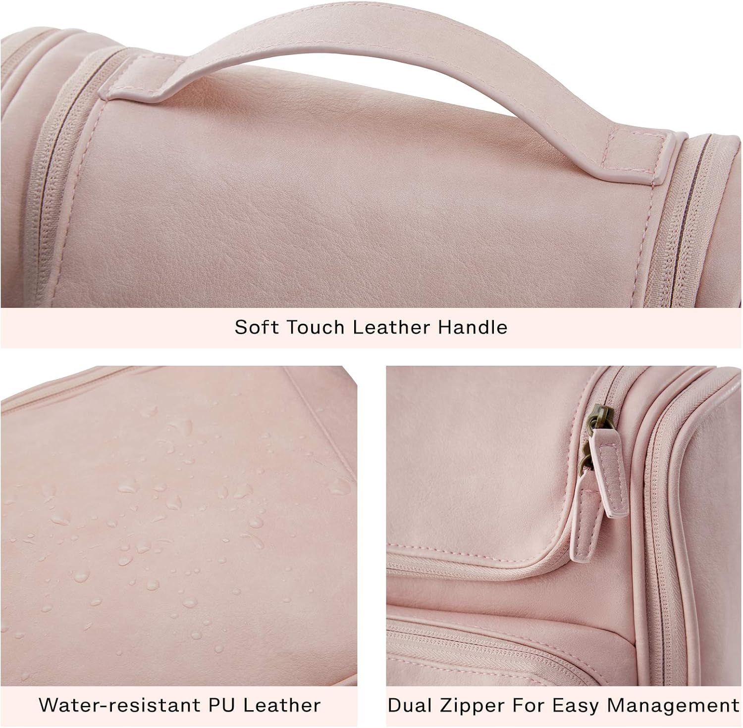 Toiletry Bag, BAGSMART Travel Leather Dopp Kit for Women with Hanging Hook, Water-resistant Large Travel Organizer Kit for Toiletries, Full Sized Container, Make Up Accessories (Pink)