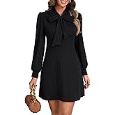 Vrtige Women's Fall Dress Tie Neck Puff Long Sleeve A Line Ribbed Knit Sweater Dress with Pocket