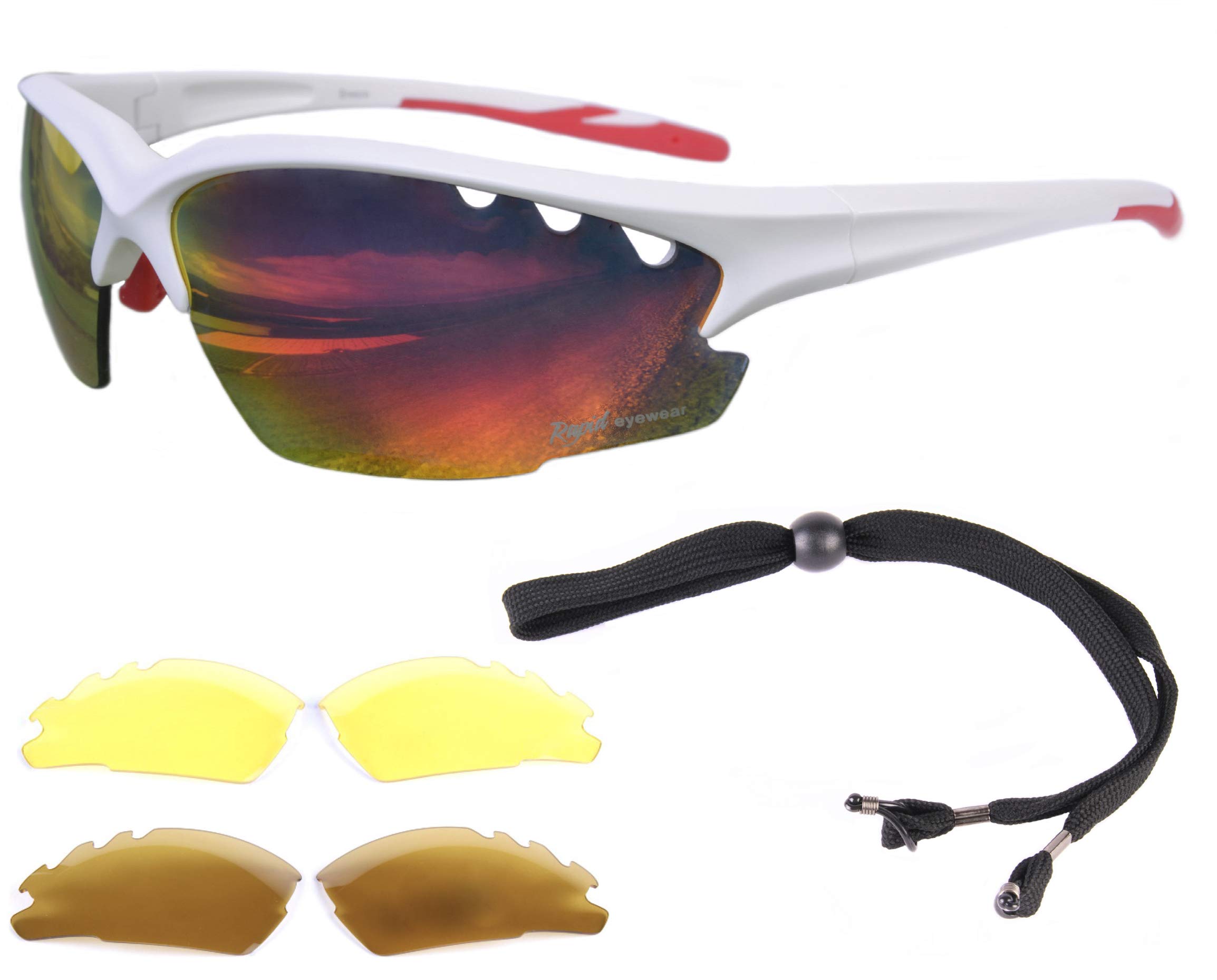 Rapid Eyewear Ice UV400 WHITE SPORTS SUNGLASSES For Men & Women with Interchangeable Mirrored, Polarized & Low Light Lenses. Blue Light Blocking, Anti Fog Glasses For Driving, Cricket etc