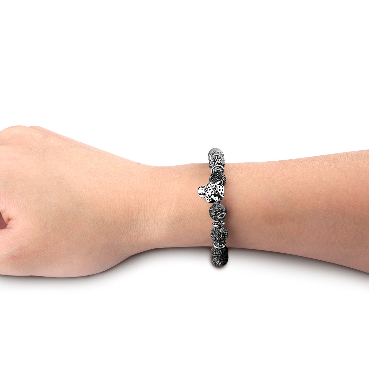 Bead Bracelets,UHIBROS Unisex Natural Tiger Eyes, Black Matte, Weathering Agate Beads Stretch Bracelets With Leopard Head Gold,Silver