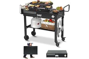 LING RONG Foldable Outdoor Grill Cart with Locking Wheels, Sturdy Outdoor Table Stainless Steel Cooking Station, 31" x 17" Large Space Barbecue Cart, Portable Grill Table for Backyard, Camping, Picnics & Patio