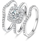 MDFUN 18K White Gold Plated Cubic Zirconia Three-in-One Halo Wedding Engagement Promise Eternity Ring for Women
