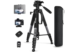 ZIKZOK 75" Camera Tripod, Heavy Duty Aluminum Camera Stand for ipad Phone, Travel Tripod with Remote/Carry Bag/Phone Tablet Holder, Compatible with DSLR, Spotting Scopes, Max Load 15 Lb(Grey)