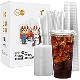Turbo Bee 100 Sets 32 OZ Clear Plastic Cups with Lids and Straws, Disposable To Go Iced coffee cups with lids for Cold Drinks, Smoothie, and Slushie