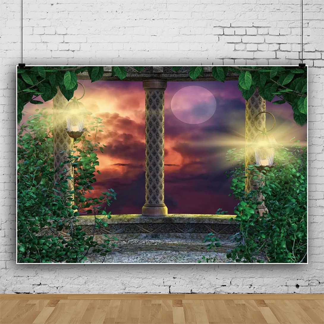 Bovlleetd 10x6.5ft Sky Garden Photography Background Romantic 3D Natural Landscape Full Moon Backdrop Green Leaves Plant Oil Light Red Sunset Background for Studio Photography Props