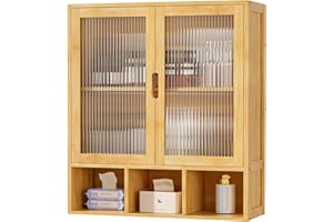Cozivolife Bathroom Wall Cabinet with 2 Frosted Door,Bamboo Medicine Organizer with Open Compartment,Over The Toilet Storage Shelf Space Saver (Bamboo)