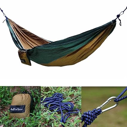 Generic Portable Camping Outdoor Bed Double Hammock Parachute Nylon Fabric Brown+Green