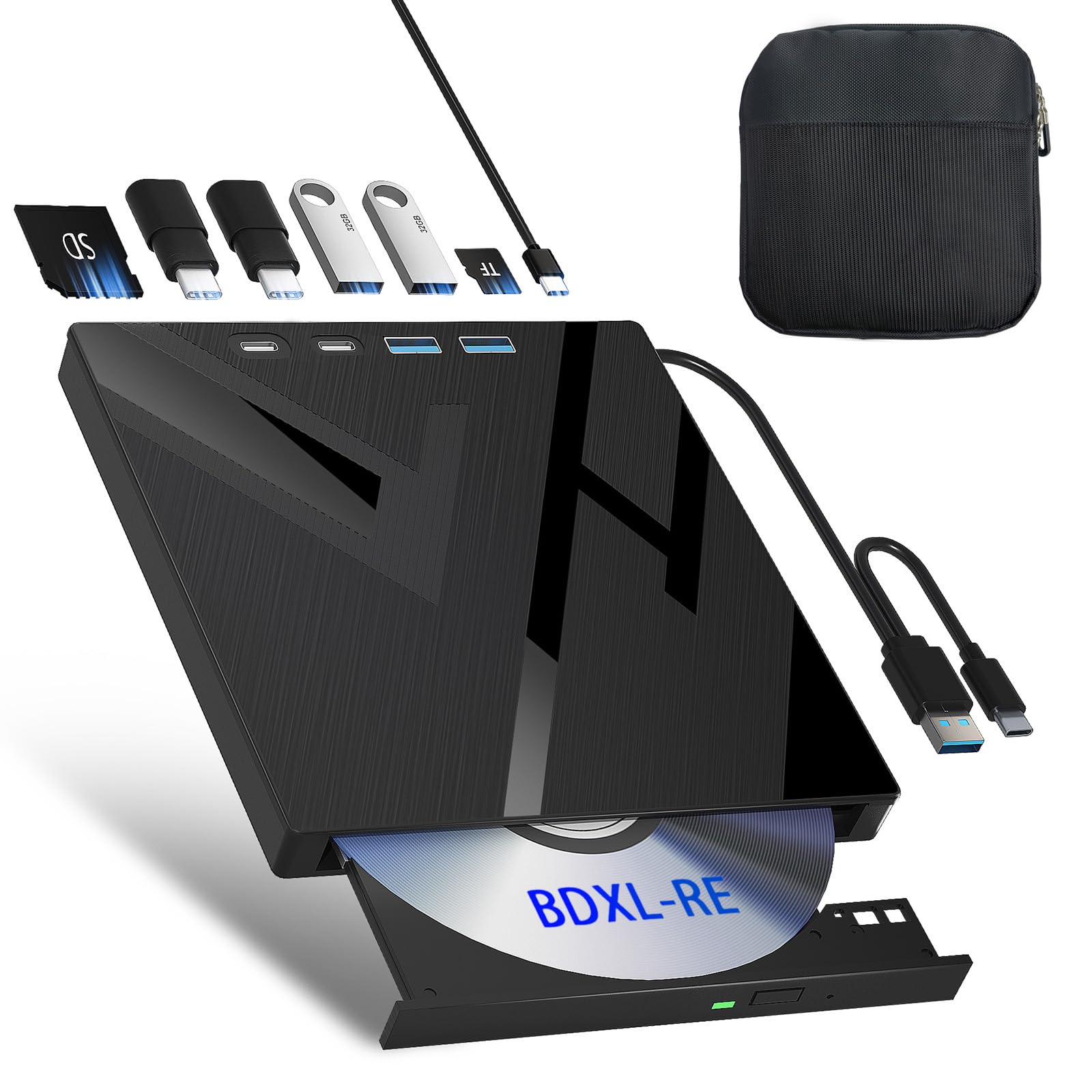 Photo 1 of 7 in 1 External Blu Ray Drive, External Blueray/DVD Drive for PC with SD/TF Port Blu Ray Burner, Support 100G Disc External Blu Ray Drive for Windows Linux MacOS Laptop Desktop(with Carring Case)