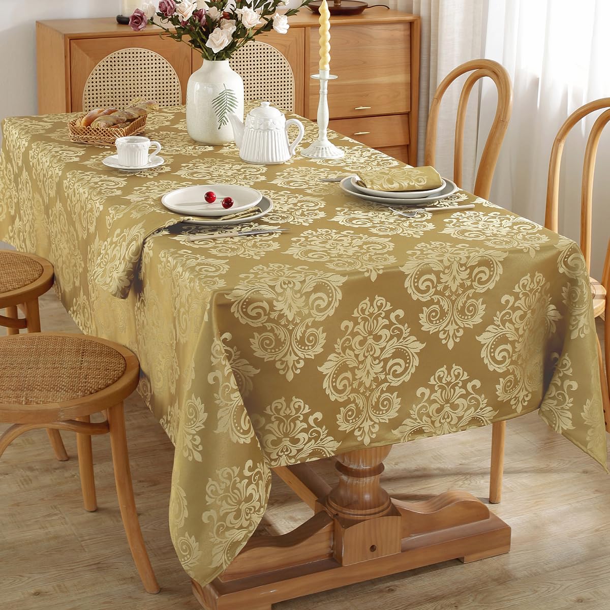 Photo 1 of Damask Gold Tablecloth for Rectangle Tables 52 x 70 Inch, Floral Jacquard Spill Proof Washable Polyester Table Cloth, Soft Table Cover for Dining/Party/Wedding/Indoor/Outdoor